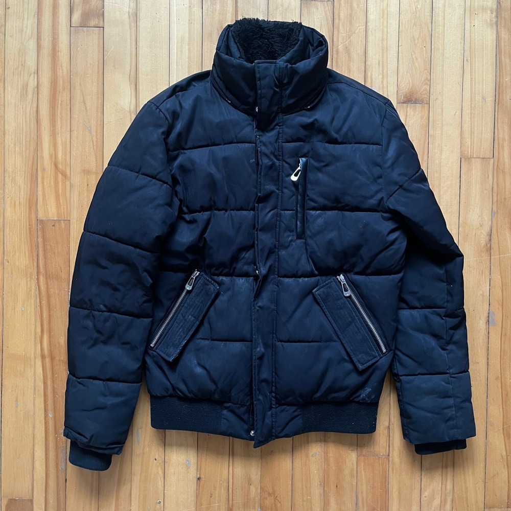 NOIZE Black Puffer Jacket with Fur Collar Bomber Style Size Small